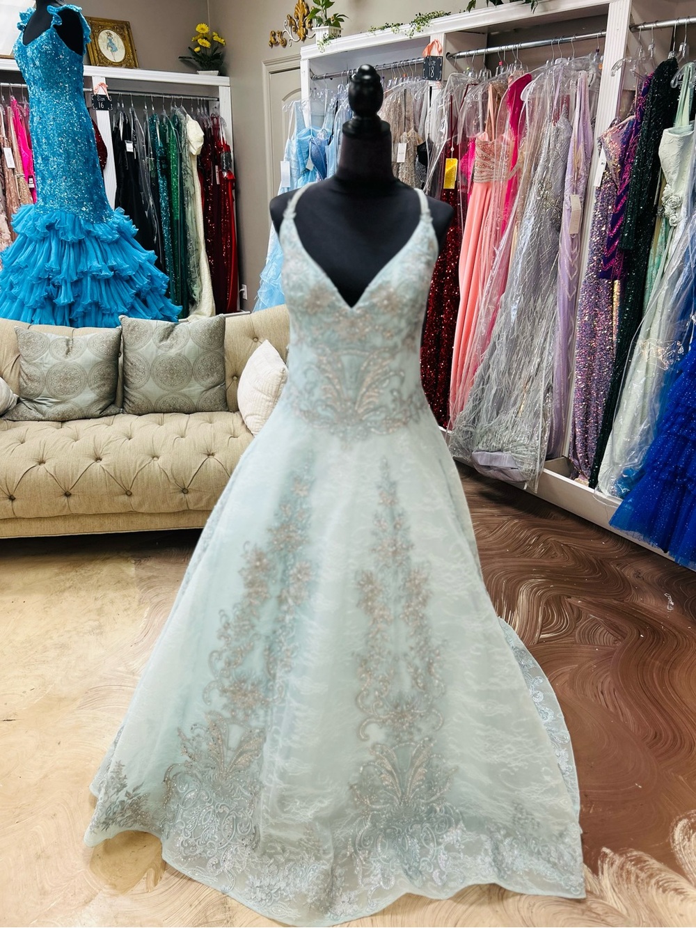 LARA Pale Blue Beaded A-Line Prom Dress